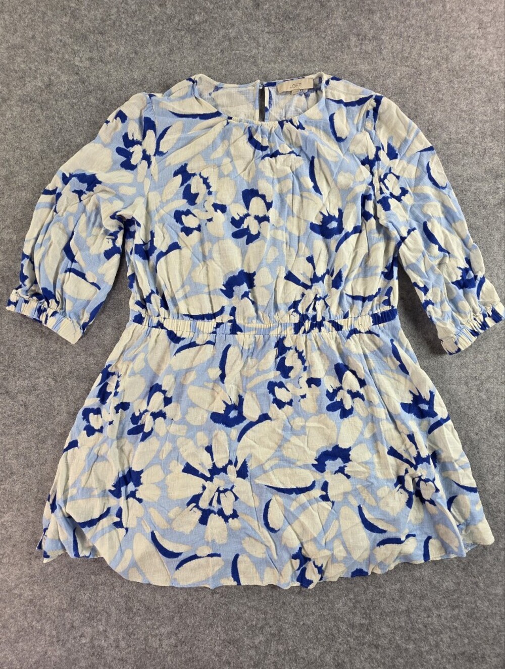 LOFT Cream and Light Blue Mini Dress with Royal Blue Brushstroke Print XL